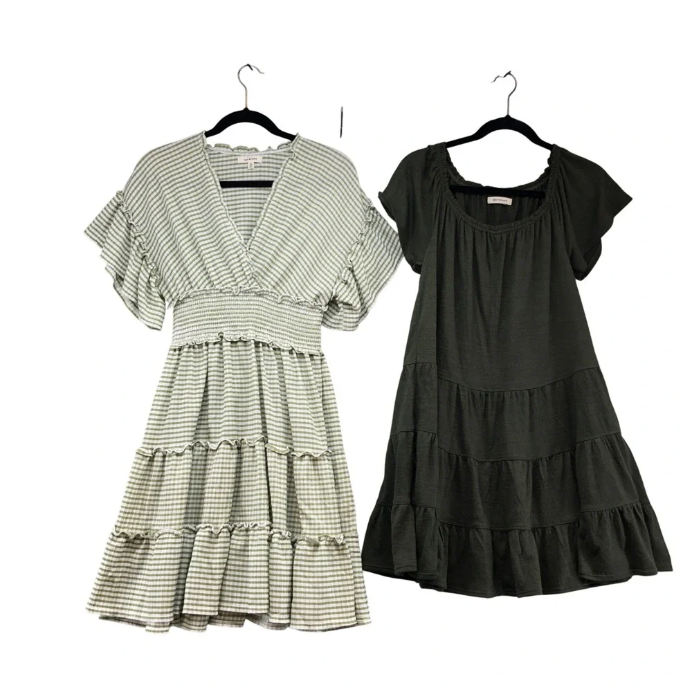 Max Studio Summer Dress Lot Women Small Green Gingham & Solid Boho Tiered